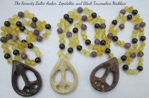 Serenity Baltic Amber, Black Tourmaline, and Lepidolite Peace Sign necklaces
